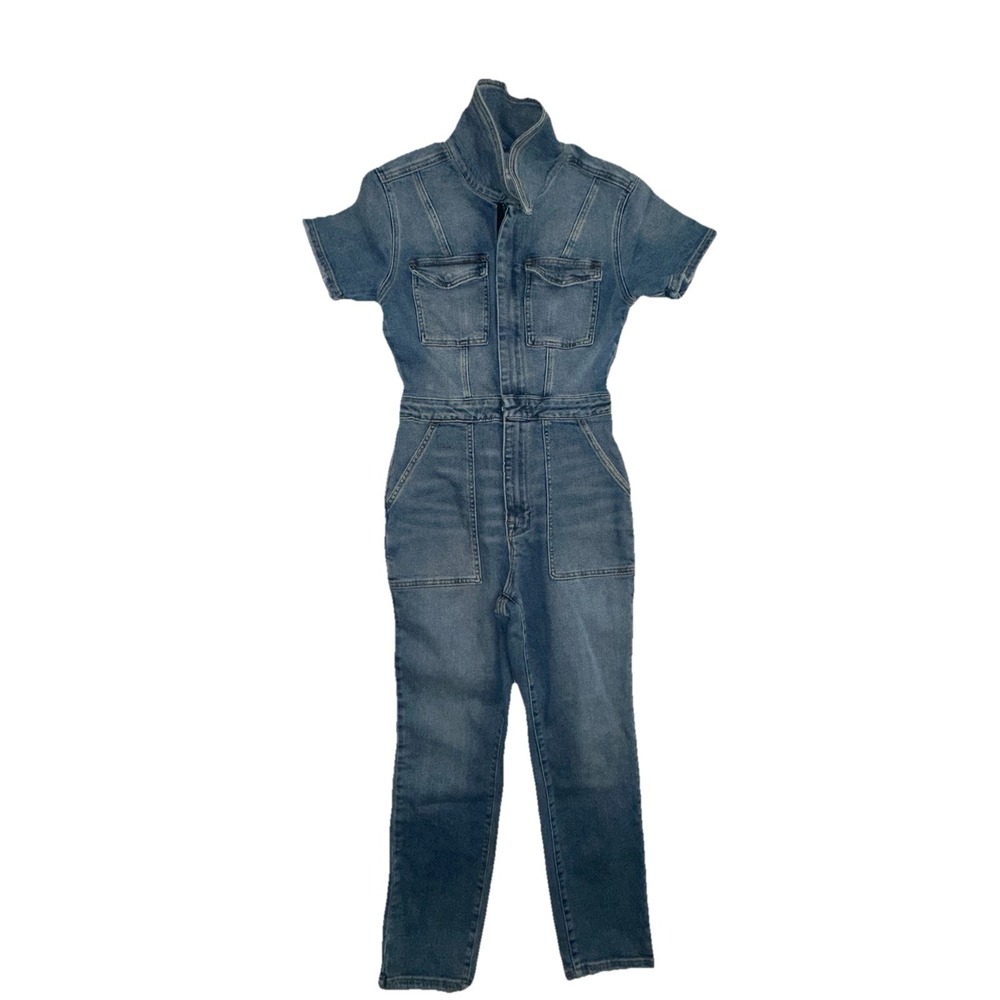 Good American Oversized Denim Jumpsuit Women 2 Blue Western Stretch Zip Overalls